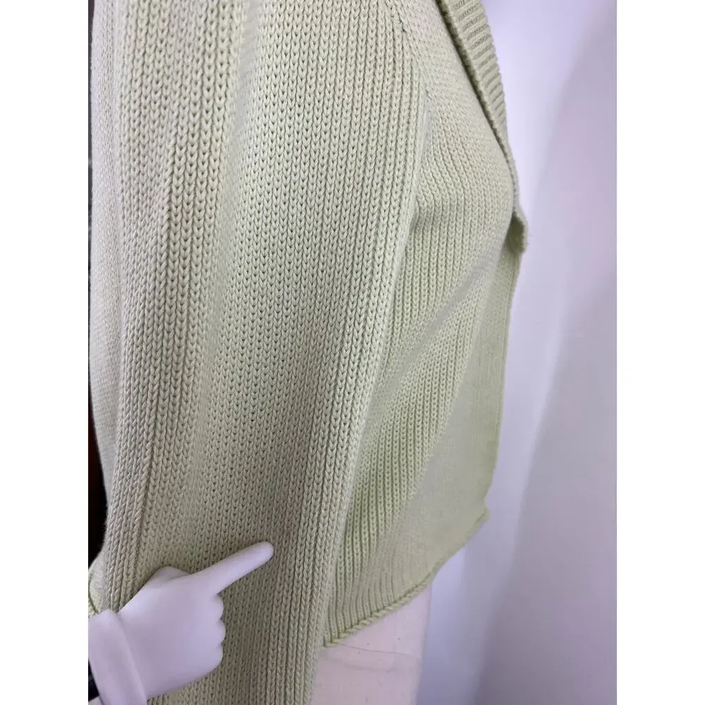 White + Warren Light Green Cotton Chunky Knit Open Cardigan Sweater Medium M